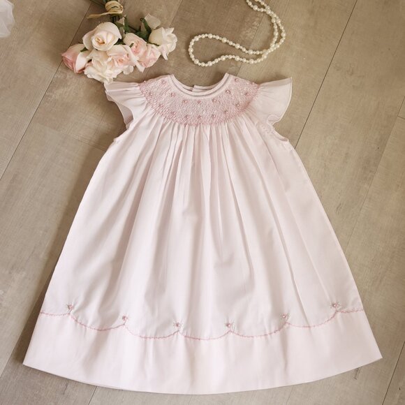 Pink Smocked Dress Pearl Flower Fly Sleeve Bishop Feltman Brothers NWT - Picture 1 of 5
